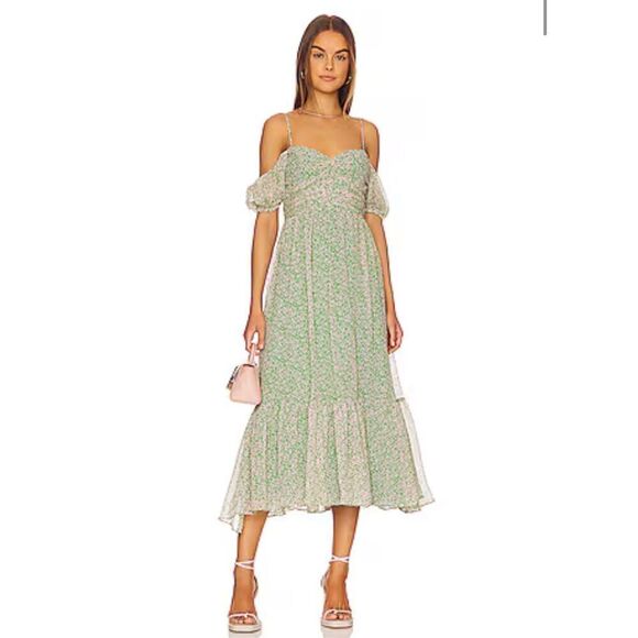 NWT Bardot Fauna Cold Shoulder Ruched Bodice Floral Midi Flare Dress Green Small - Picture 10 of 10